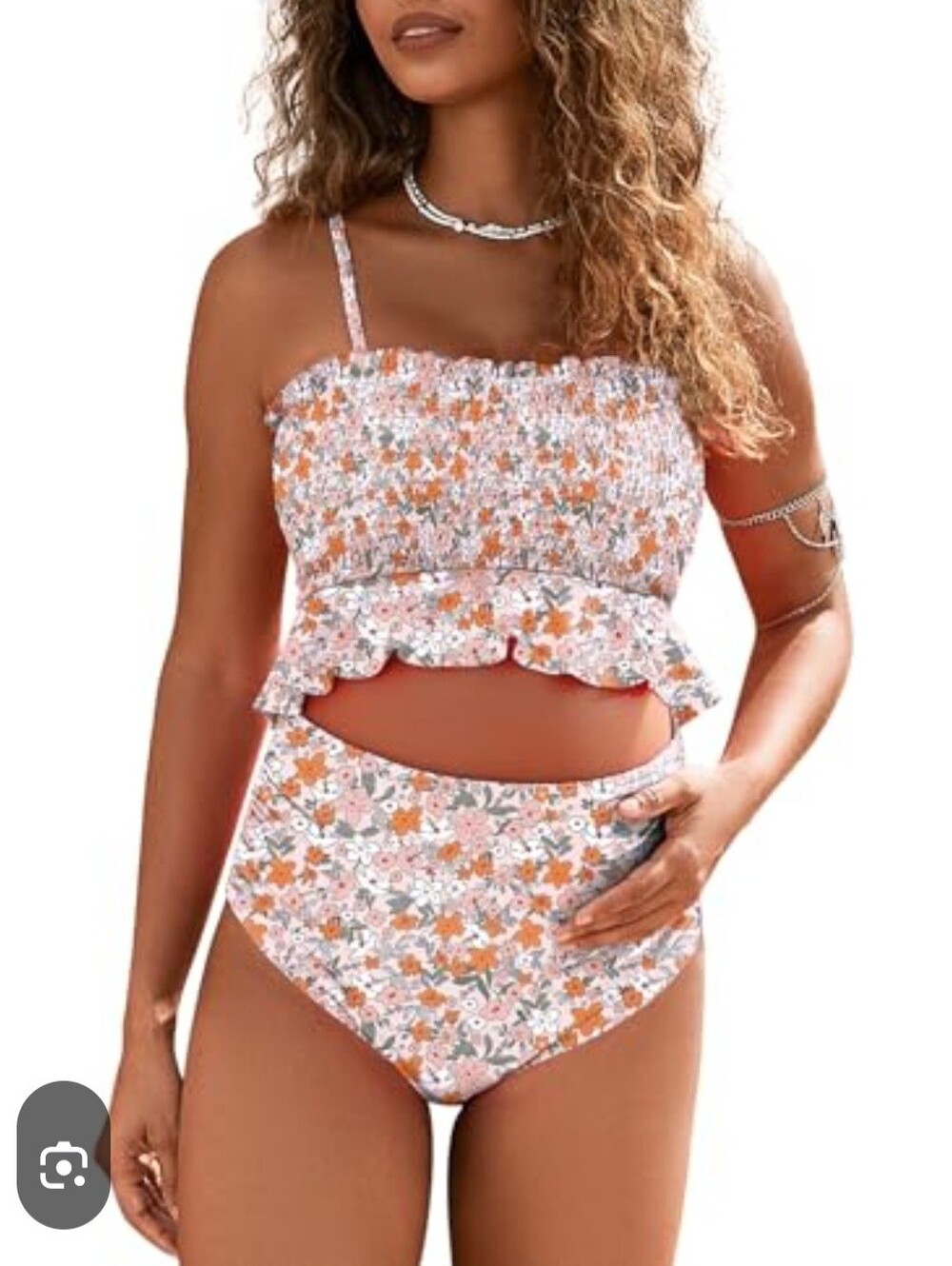 Maturnity Floral Ruffled Two-Piece Tankini - Pink & Orange